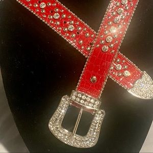 Western Red Leather Women’s Rhinestone Belt
